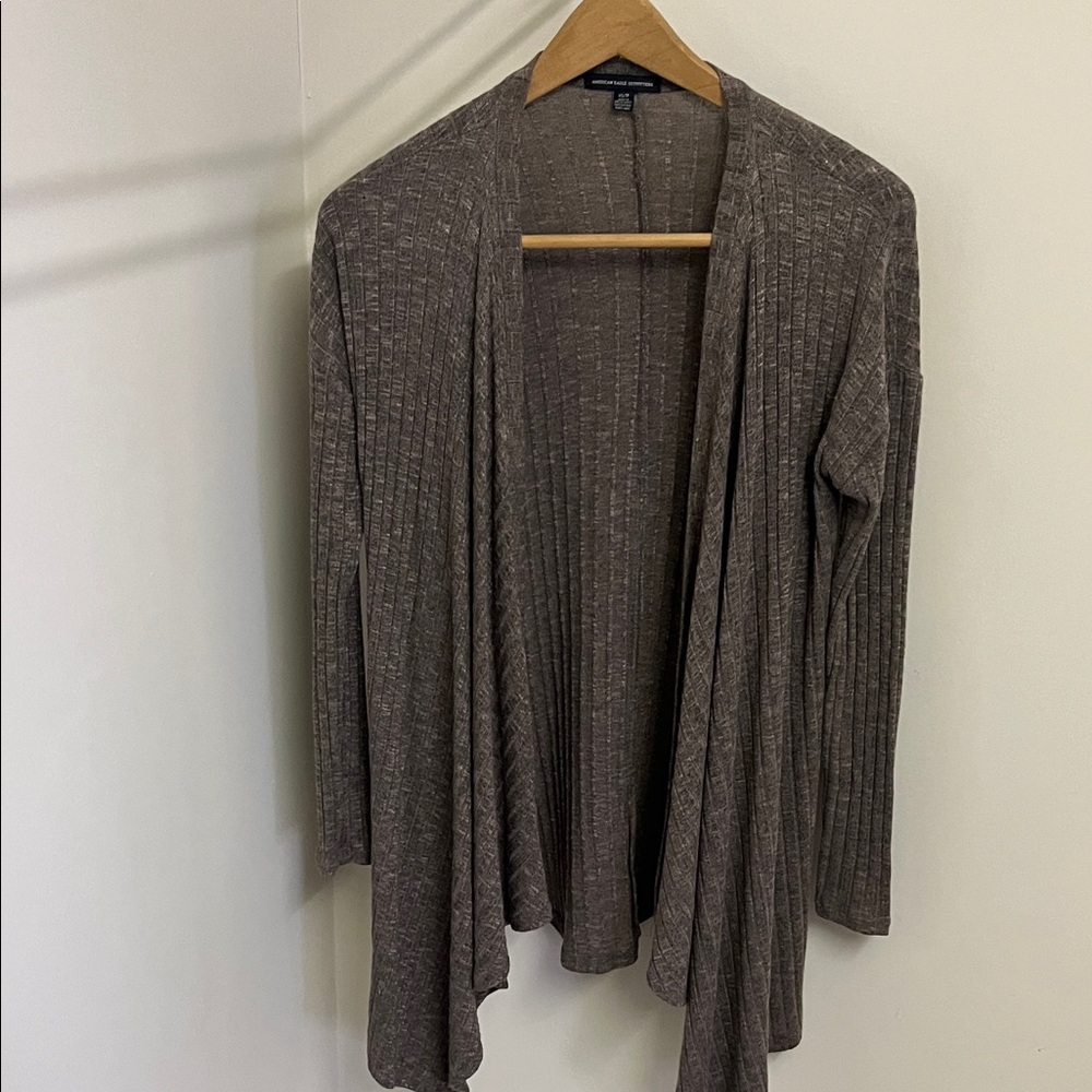 American Eagle Outfitters Open-Front Ribbed Cardigan in Taupe Heather